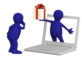 Virtual gift. 3d puppet with gift and laptop